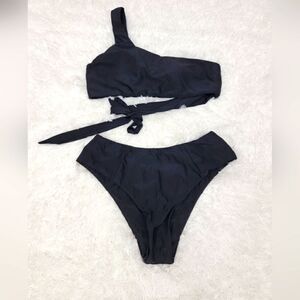Swimsuit One Shoulder High Waist Solid Black Bikini Side Tie Top Size M & L